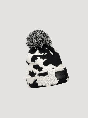 Women's Cow Pom Pom Beanie in Black/White