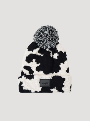 Women's Cow Pom Pom Beanie in Black/White