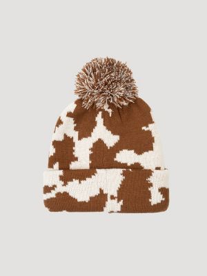 Womens Cow Pom Pom Beanie:Brown/White:One Size alternative view