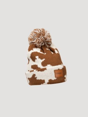 Womens Cow Pom Pom Beanie:Brown/White:One Size alternative view 2