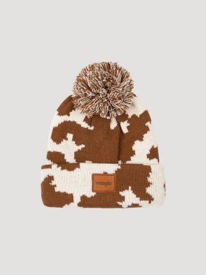 Womens Cow Pom Pom Beanie:Brown/White:One Size main view