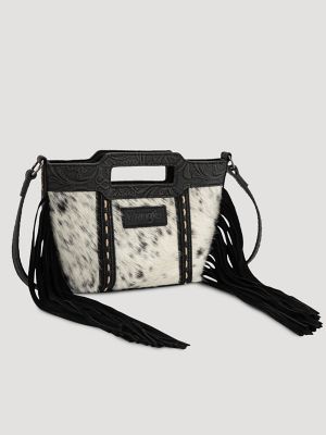 Cowhide Fringe Satchel Handbag in Black