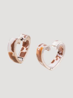 Cow Print Heart Hoop Earrings in Silver/Brown