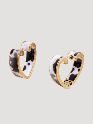 Cow Print Heart Hoop Earrings:Gold/Black:One Size: main view