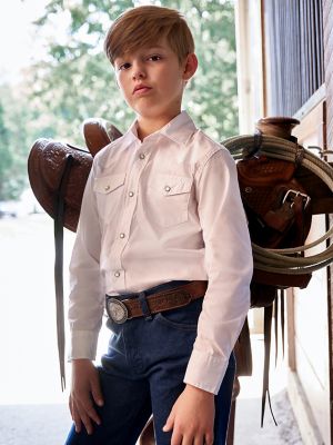 Boy's White Long Sleeve Dress Western Snap Shirt