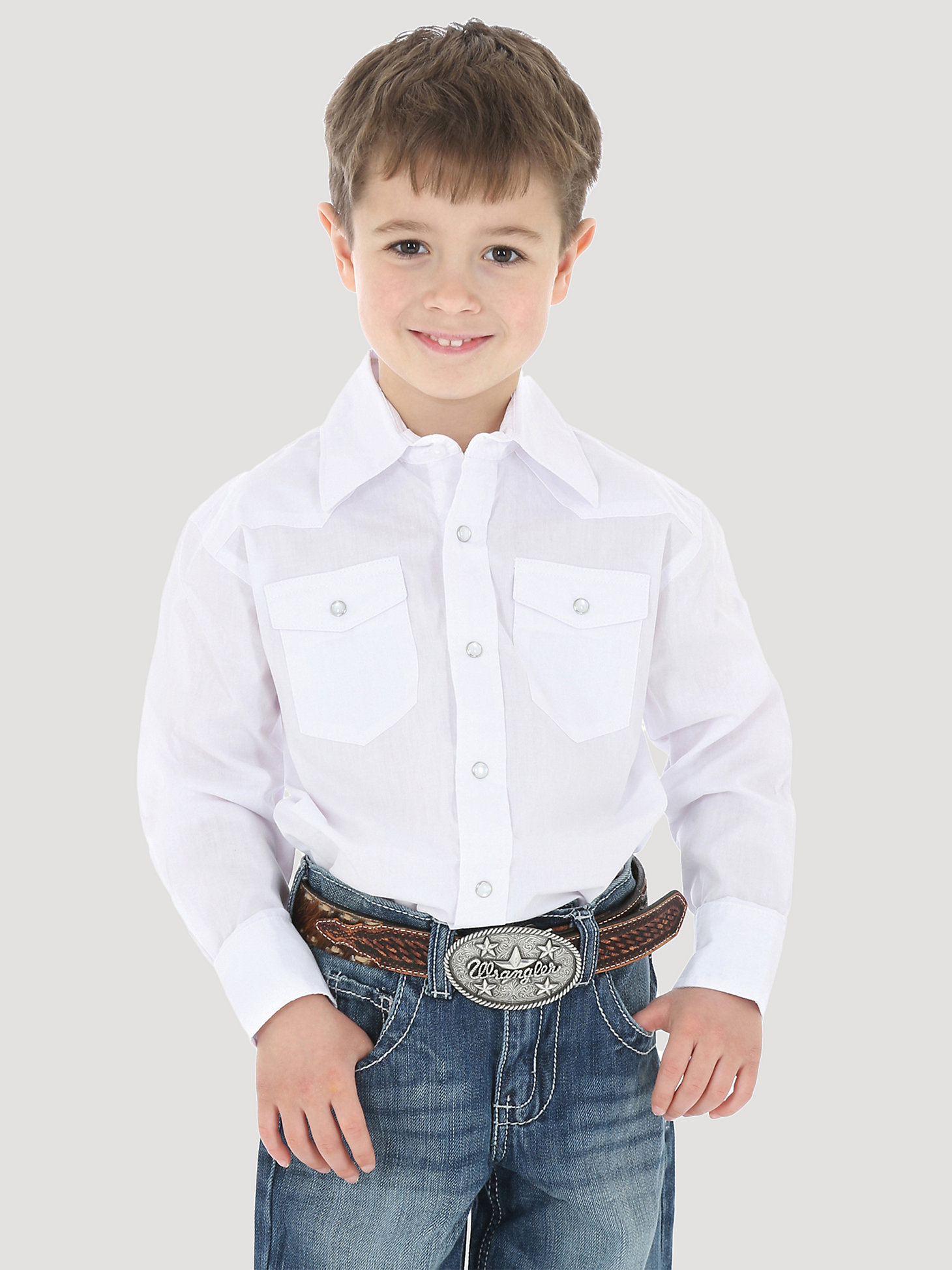 Boy's White Long Sleeve Dress Western Snap Shirt in White main view