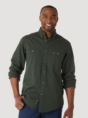 Wrangler® RIGGS Workwear® Long Sleeve Button Down Solid Twill Work Shirt in  Forest Green