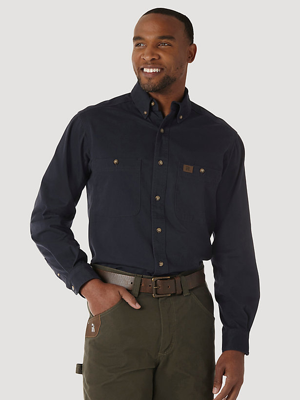 Wrangler® RIGGS Workwear® Long Sleeve Button Down Solid Twill Work Shirt in Navy
