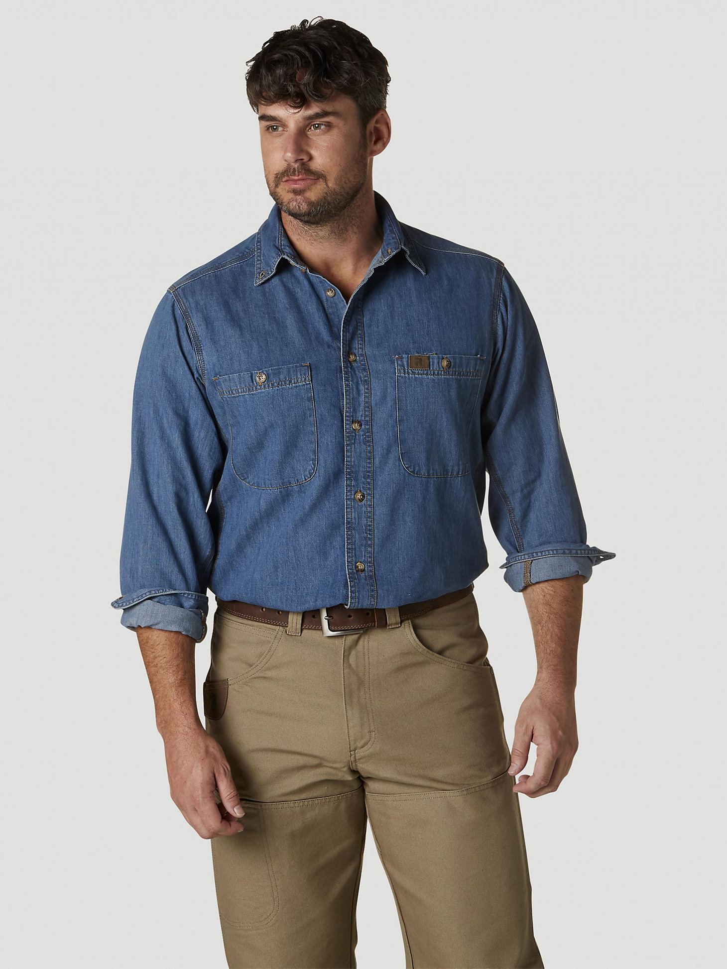 Wrangler® RIGGS Workwear® Long Sleeve Button Down Solid Denim Work Shirt in Antique alternative view 1