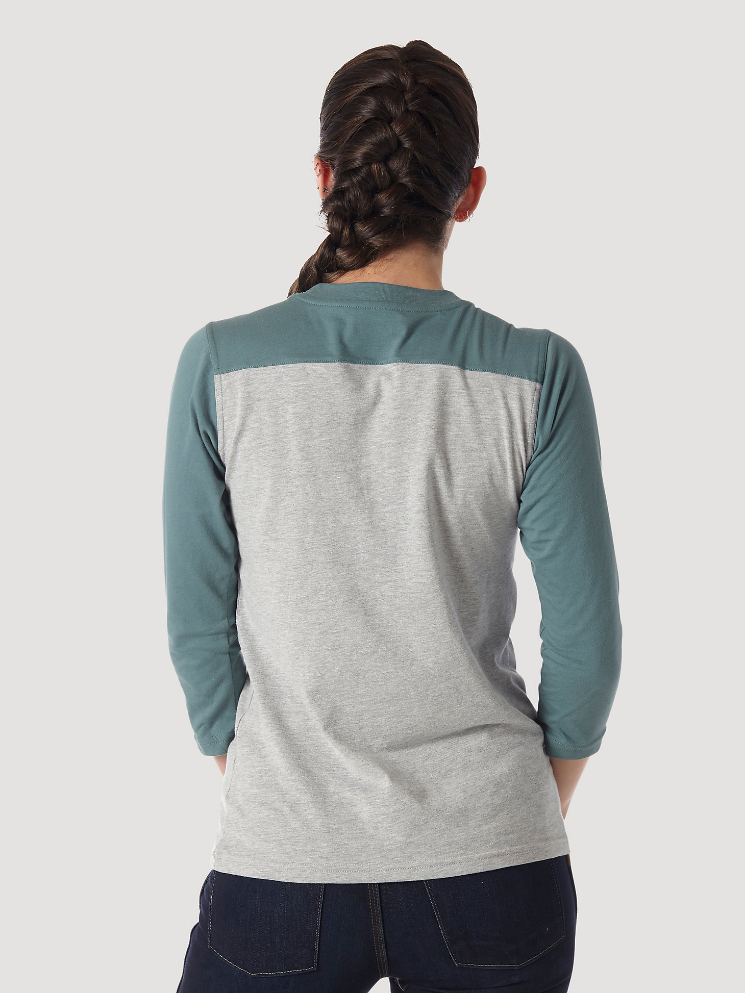 Women's Wrangler® RIGGS Workwear® Three-Quarter Sleeve Colorblocked Performance T-Shirt in Sea Green/Grey alternative view 1