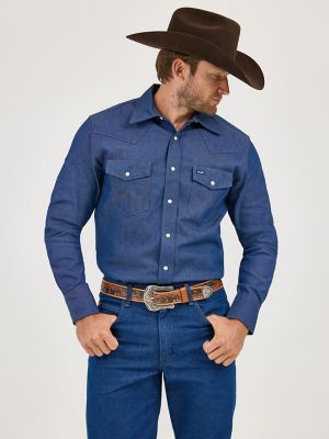 Wrangler Men's Cowboy Cut Blue Firm Finish Long Sleeve Western