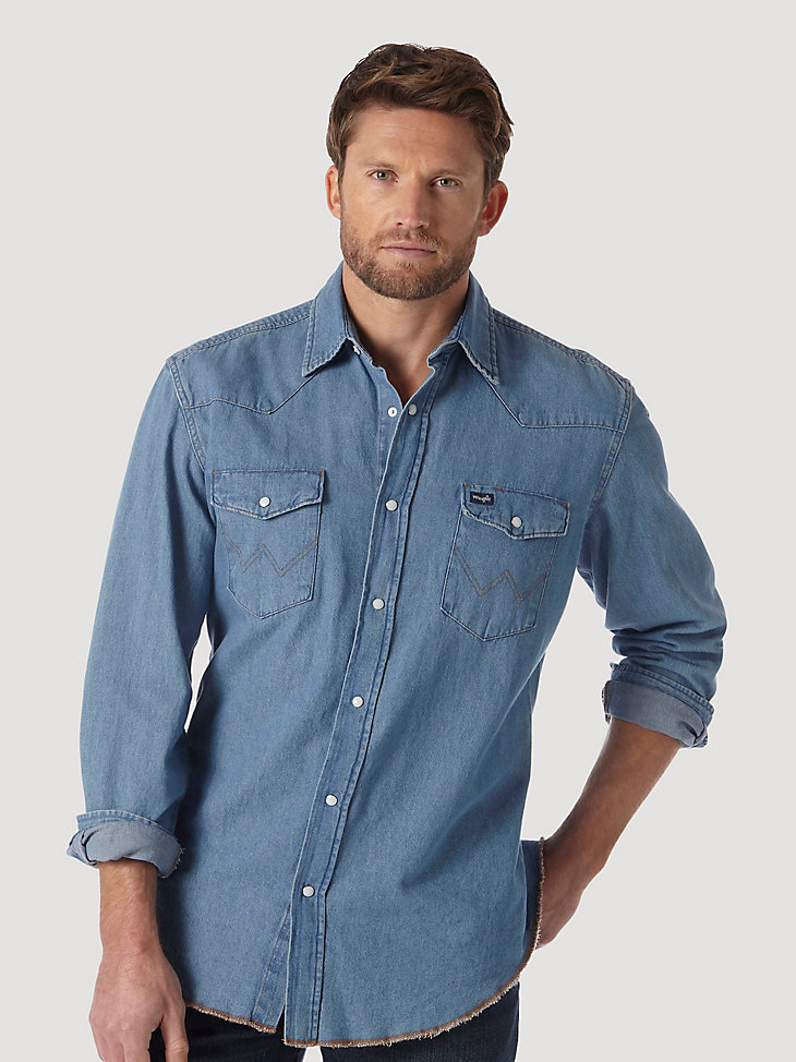 Cowboy Cut® Long Sleeve Western Denim Snap Work Shirt in Stonewash main view