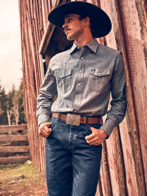 Мужские рубашки Wrangler Cowboy Cut® Rigid Denim Long Sleeve Western Work Shirt