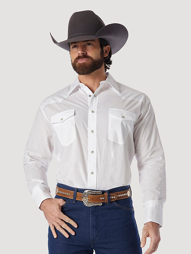Wrangler® Western Snap Shirt - Long Sleeve Solid Broadcloth in White