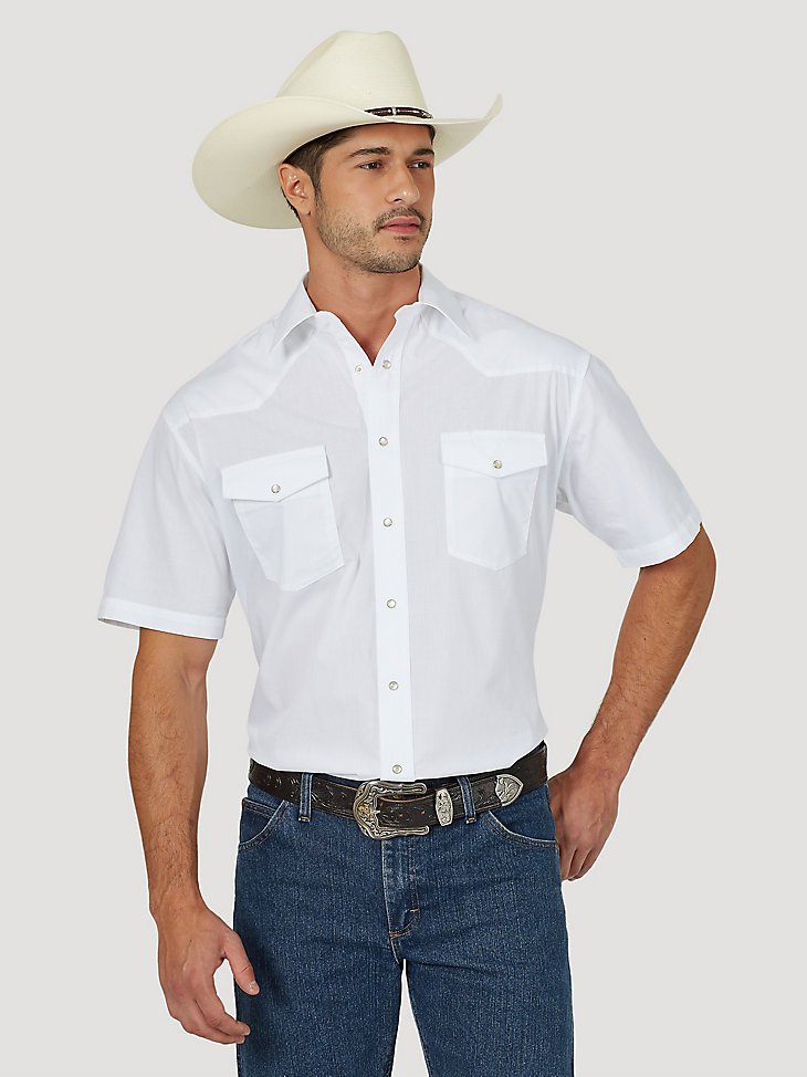 Men's Wrangler® Short Sleeve Solid Western Snap Sport Shirt in White alternative view 3