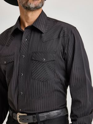 Wrangler® Western Long Sleeve Western Snap Dobby Stripe Shirt in Black alternative view 2