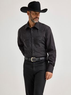 Wrangler® Western Long Sleeve Western Snap Dobby Stripe Shirt in Black alternative view 4