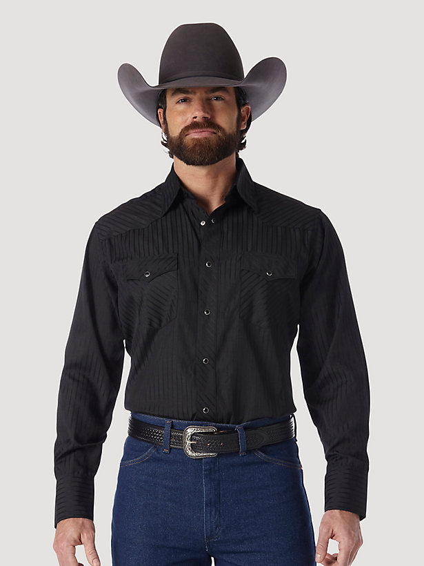 Wrangler® Western Long Sleeve Western Snap Dobby Stripe Shirt in Black