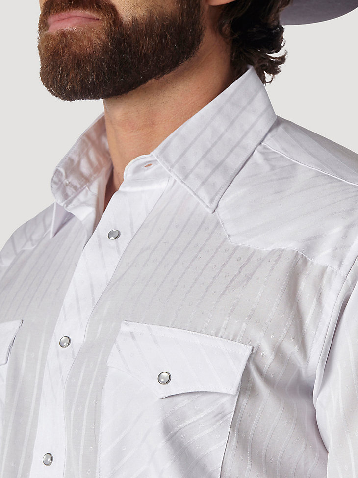 Wrangler® Western Long Sleeve Western Snap Dobby Stripe Shirt in White alternative view 2