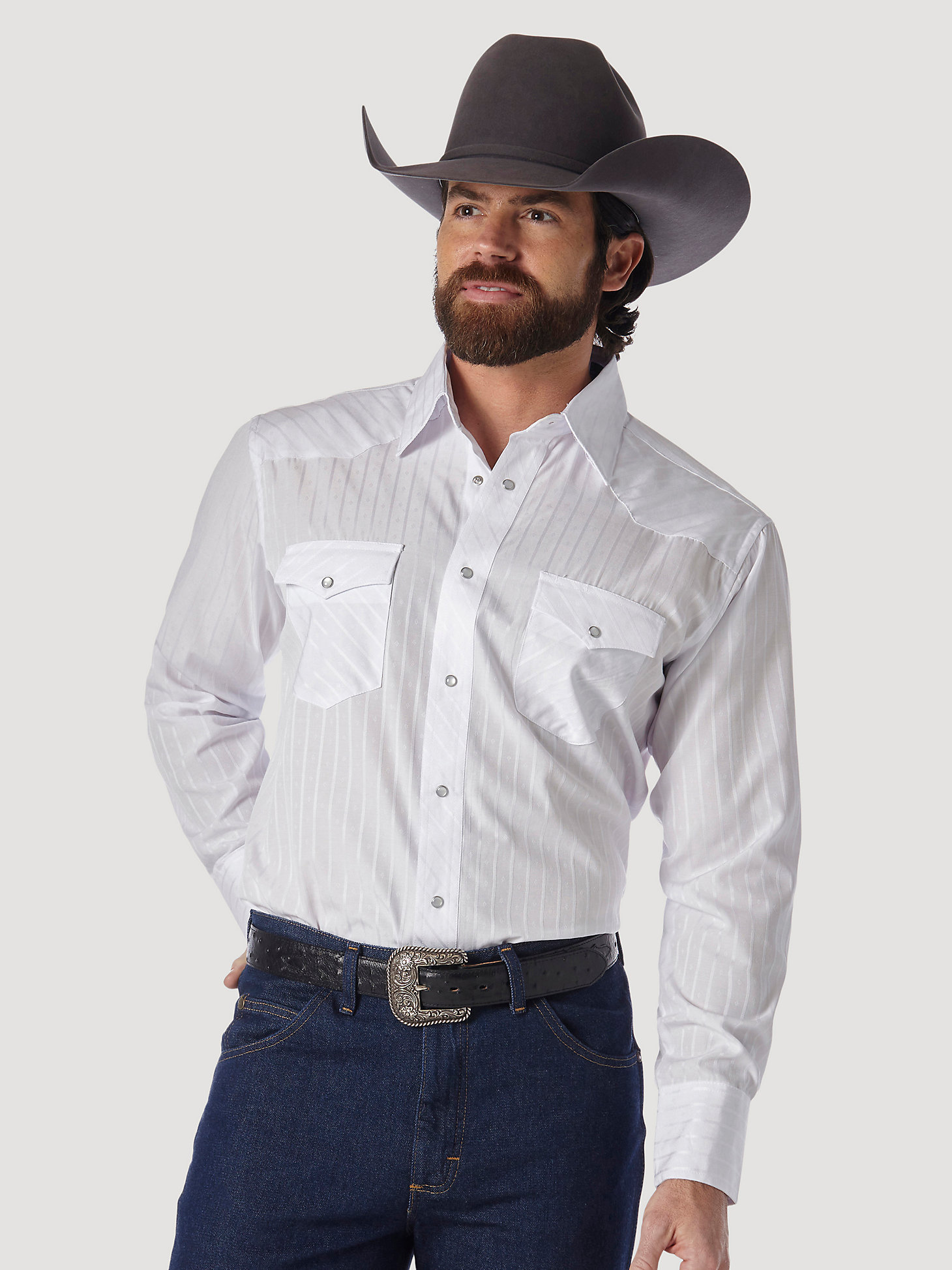 Wrangler® Western Long Sleeve Western Snap Dobby Stripe Shirt in White main view