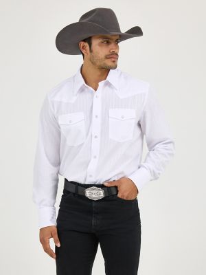 Wrangler® Western Long Sleeve Western Snap Dobby Stripe Shirt in White