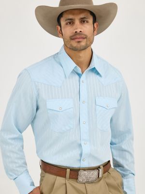 Wrangler® Western Long Sleeve Western Snap Dobby Stripe Shirt in Blue alternative view 2
