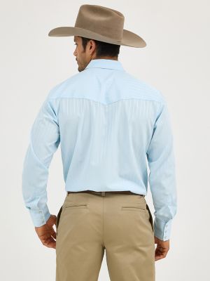 Wrangler® Western Long Sleeve Western Snap Dobby Stripe Shirt in Blue alternative view 3
