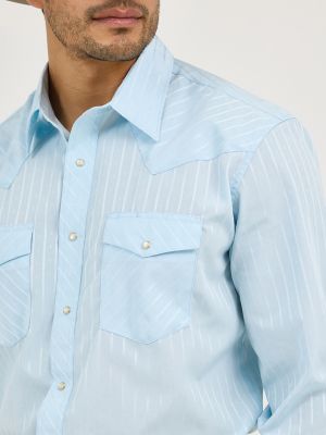 Wrangler® Western Long Sleeve Western Snap Dobby Stripe Shirt in Blue alternative view 4