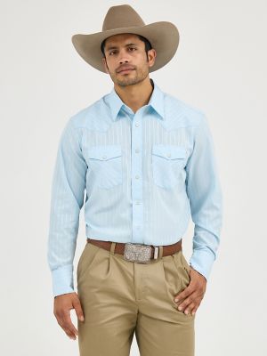 Wrangler® Western Long Sleeve Western Snap Dobby Stripe Shirt in Blue