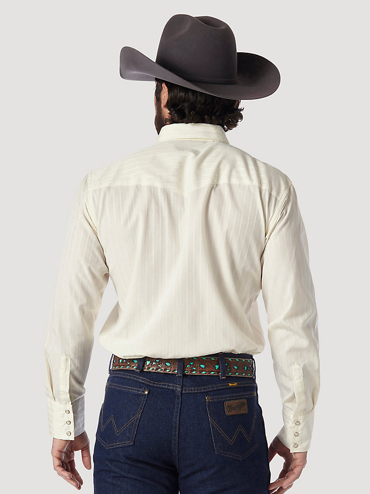 Wrangler® Western Long Sleeve Western Snap Dobby Stripe Shirt in Tan (Light) alternative view