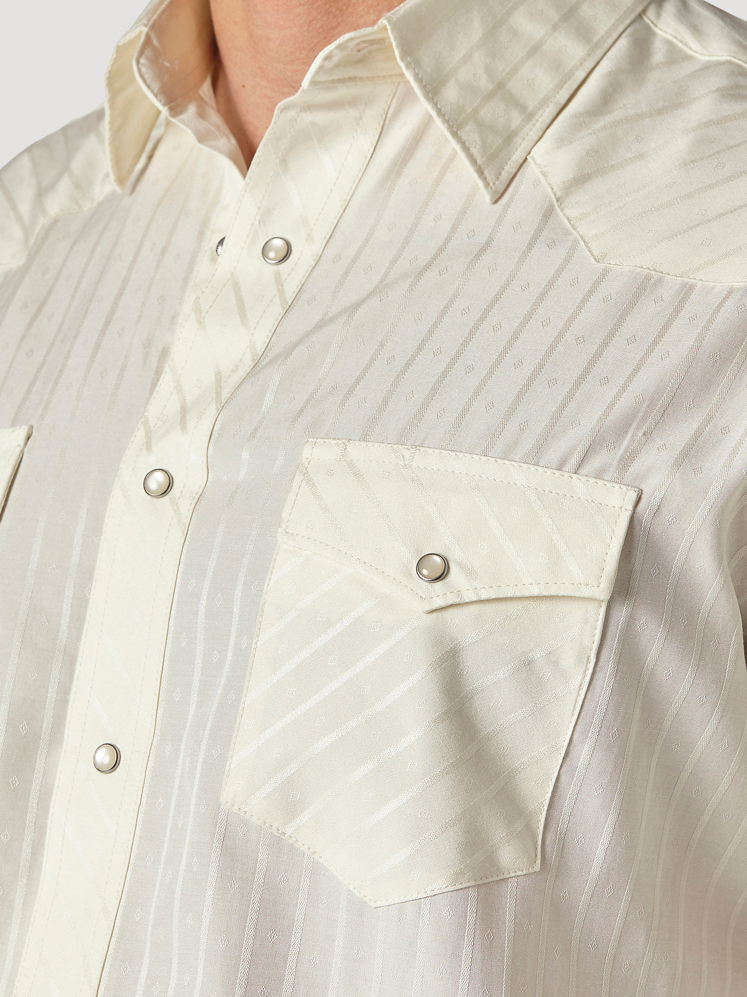 Wrangler® Western Long Sleeve Western Snap Dobby Stripe Shirt in Tan (Light) alternative view 2