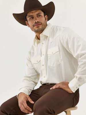 Wrangler® Western Long Sleeve Western Snap Dobby Stripe Shirt in Tan (Light) alternative view 4
