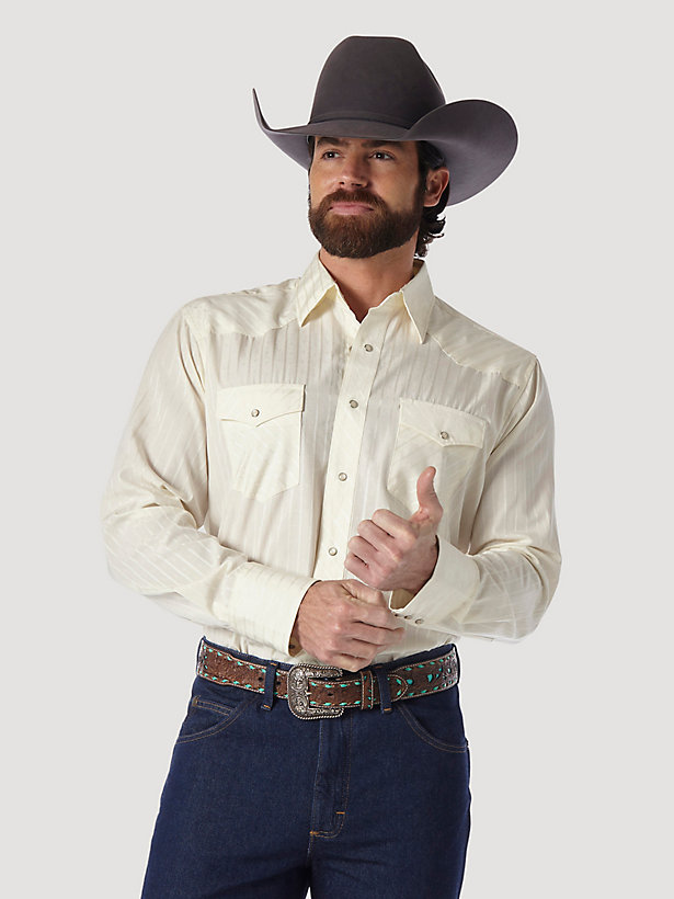 Wrangler® Western Long Sleeve Western Snap Dobby Stripe Shirt in Tan (Light)