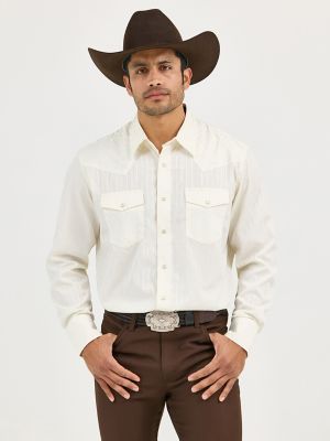 Wrangler® Western Long Sleeve Western Snap Dobby Stripe Shirt in Tan