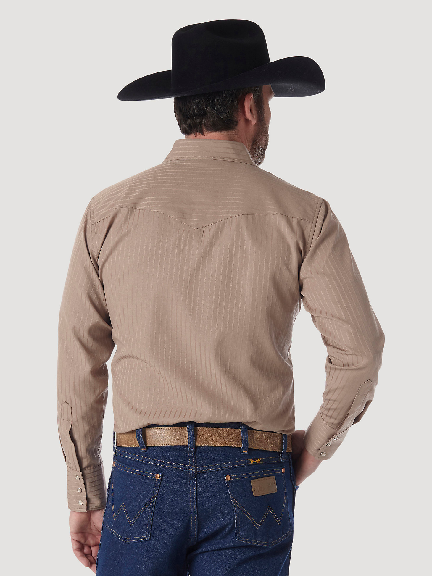Wrangler® Western Long Sleeve Western Snap Dobby Stripe Shirt in Tan (Dark) alternative view 1