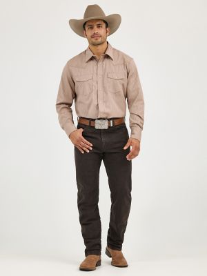 Wrangler® Western Long Sleeve Western Snap Dobby Stripe Shirt in Tan (Dark)