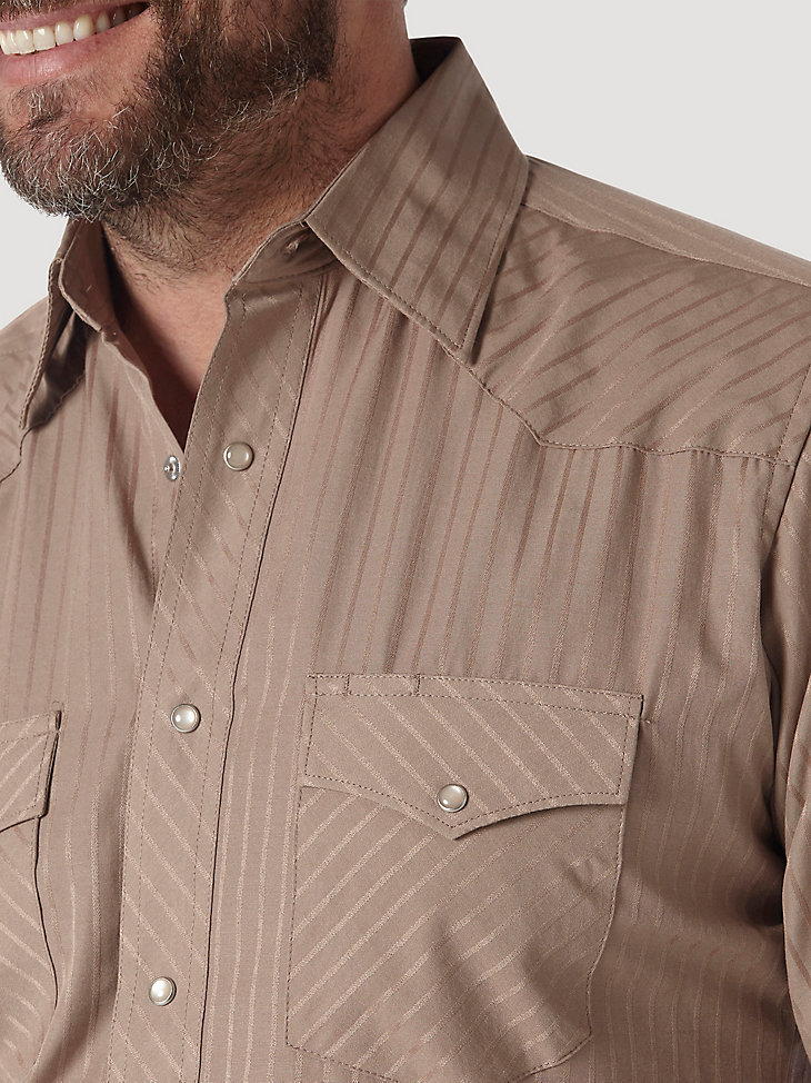 Wrangler® Western Long Sleeve Western Snap Dobby Stripe Shirt in Tan (Dark) alternative view 2