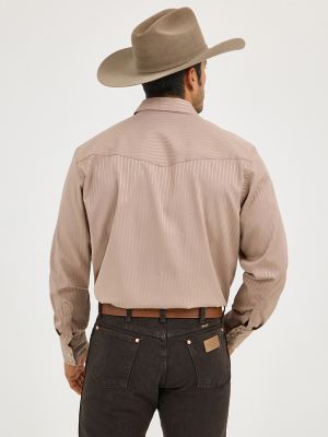 Wrangler® Western Long Sleeve Western Snap Dobby Stripe Shirt in Tan (Dark)