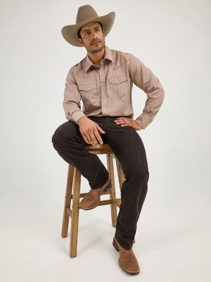Wrangler® Western Long Sleeve Western Snap Dobby Stripe Shirt in Tan (Dark)