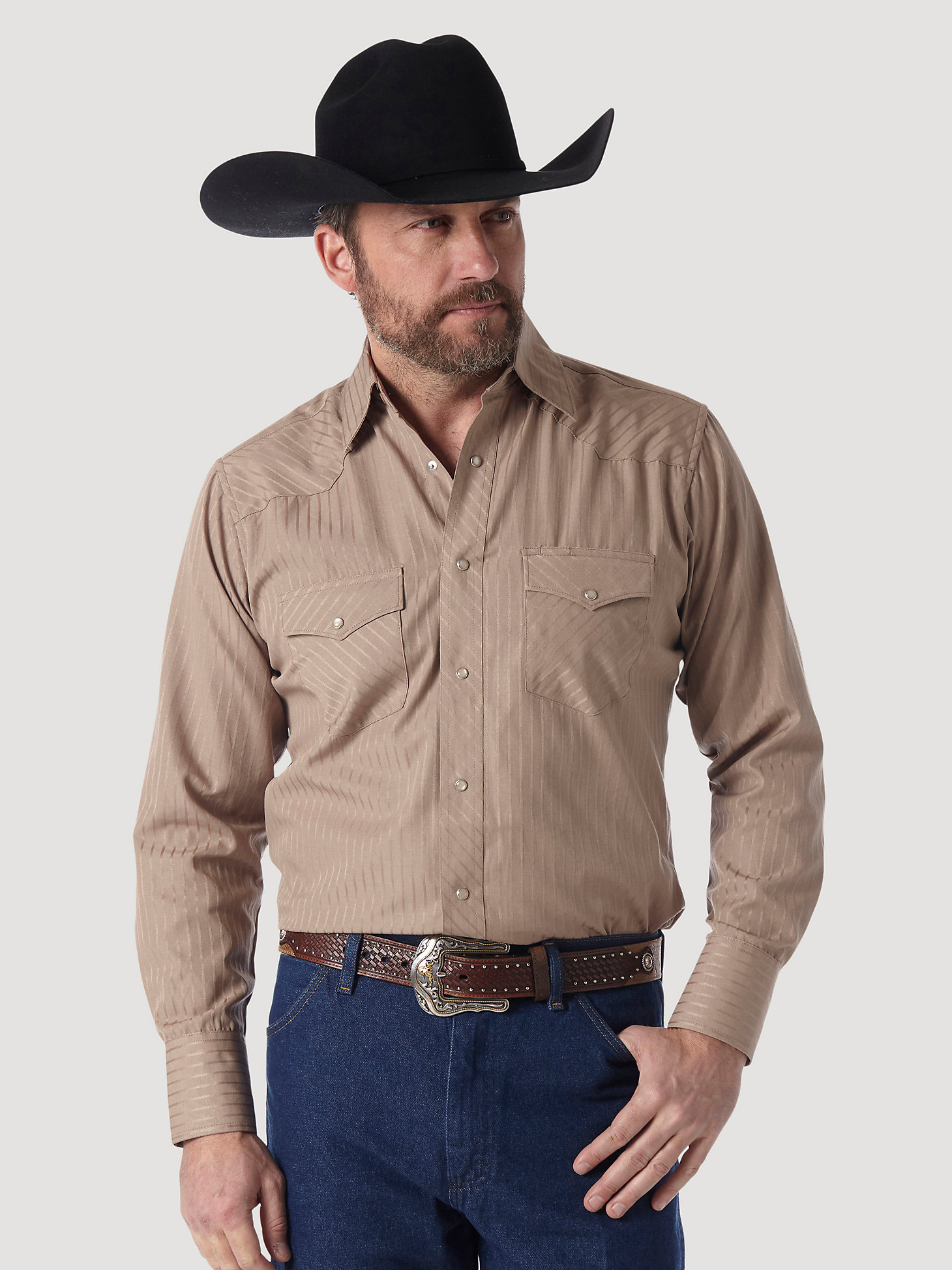 Wrangler® Western Long Sleeve Western Snap Dobby Stripe Shirt in Tan (Dark) main view