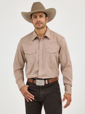 Wrangler® Western Long Sleeve Western Snap Dobby Stripe Shirt in Tan