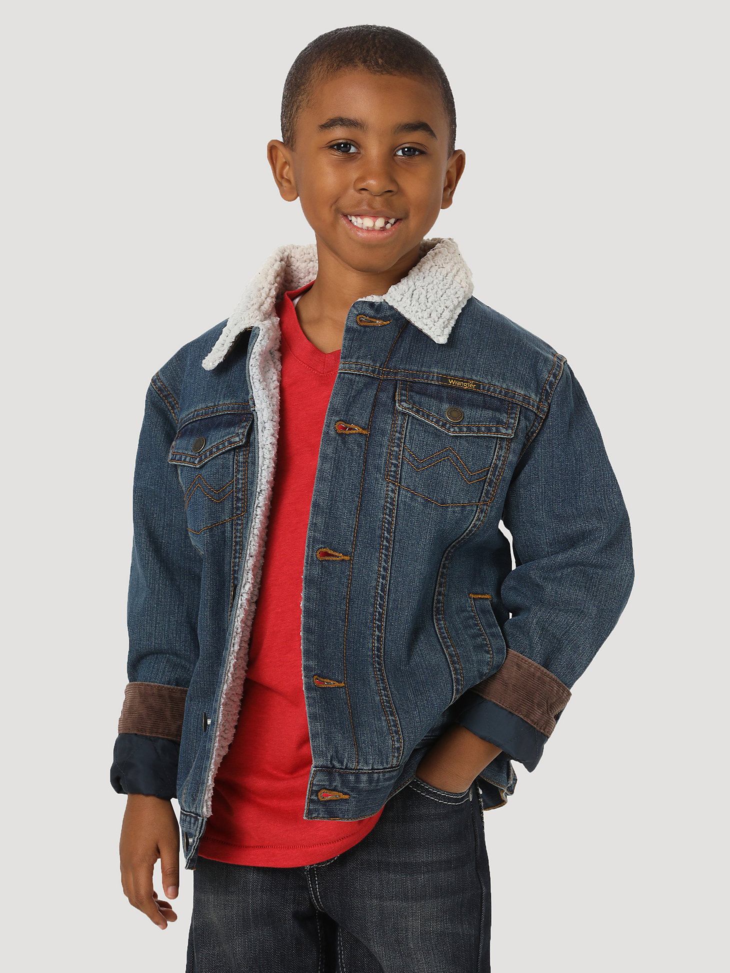 Boy’s Wrangler® Western Styled Sherpa Lined Denim Jacket Rustic in Rustic Blue alternative view 2