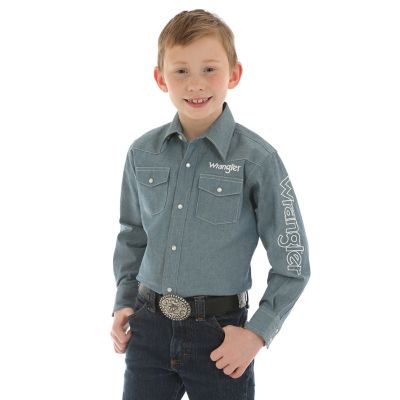 Boy's Wrangler® Long Sleeve Western Snap Logo Chambray Shirt | Boys ...