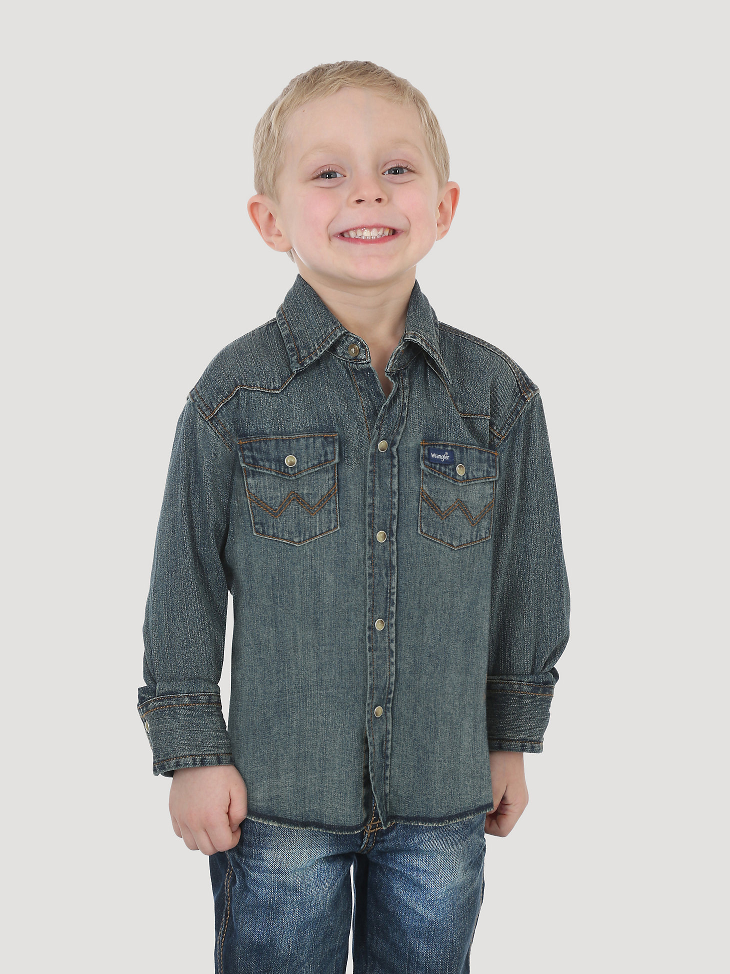 Boy’s Cowboy Cut® Long Sleeve Work Western Denim Snap Shirt in Antique Blue main view