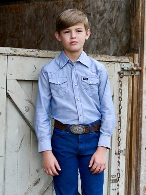 Gioberti Little Boys Casual Western Solid Long Sleeve Shirt with Pearl Snaps, Navy 18 / Navy