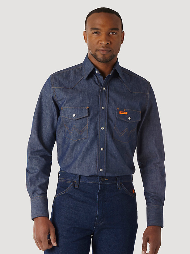 Wrangler® FR Flame Resistant Long Sleeve Denim Work Shirt in Denim