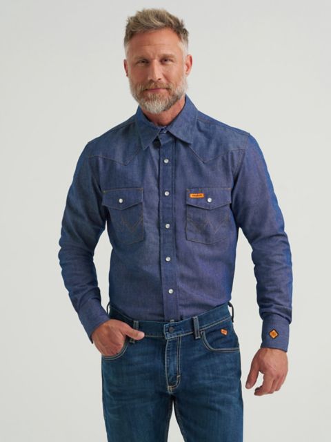 Мужские рубашки Wrangler FR Flame-Resistant Long Sleeve Denim Work Shirt