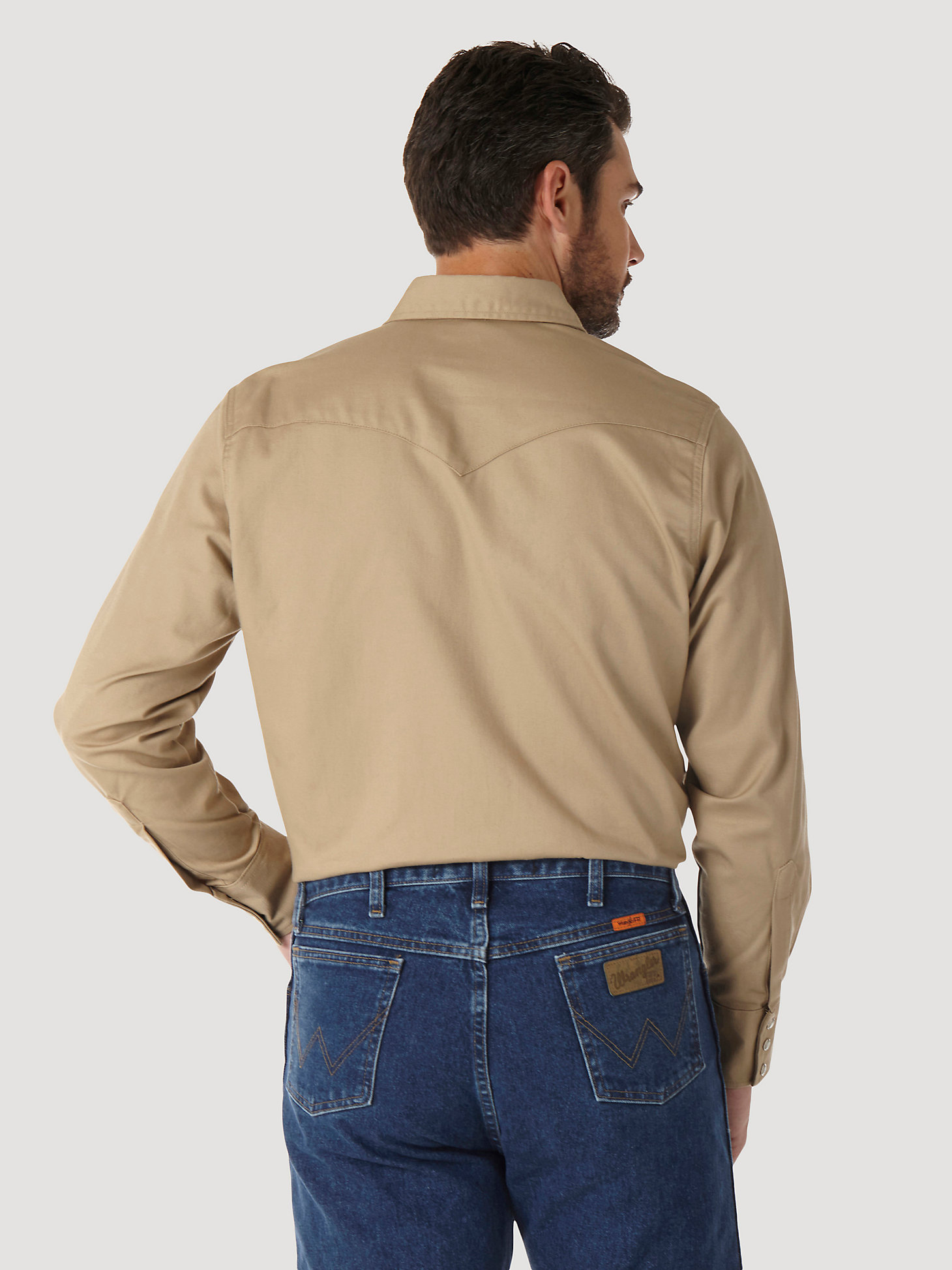 Wrangler® FR Flame Resistant Long Sleeve Western Snap Solid Twill Work Shirt in Khaki alternative view 1