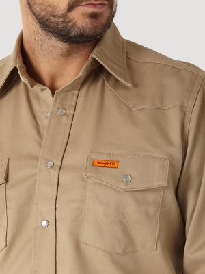 Wrangler FR Flame Resistant Long Sleeve Western Snap Solid Twill Work Shirt in Khaki