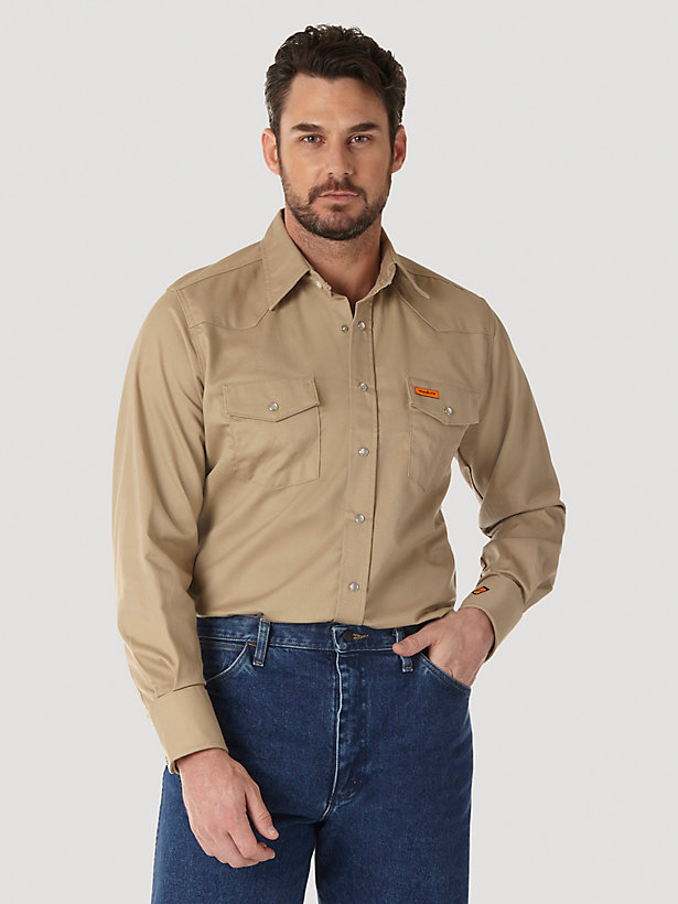Wrangler® FR Flame Resistant Long Sleeve Western Snap Solid Twill Work Shirt in Khaki